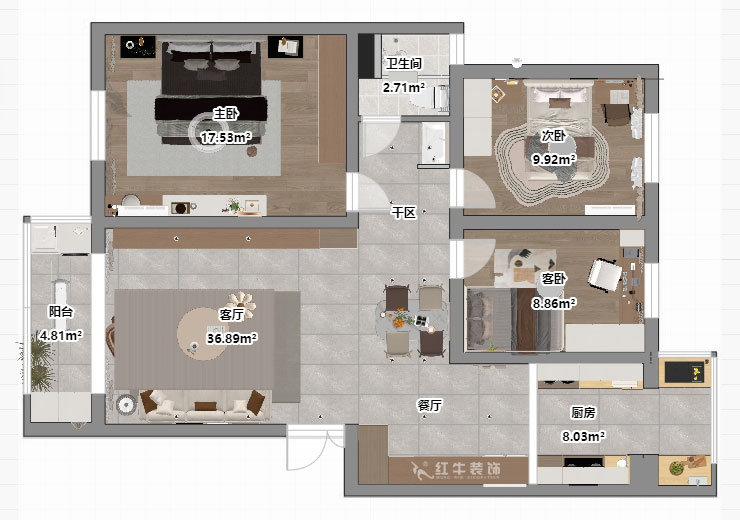 顾娟|月牙湖花园17-202-107㎡-现代简约风格|3室2厅1卫|旧房装修|定制家|全包14