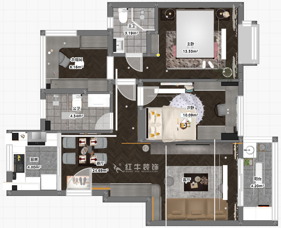 仇美蓉|语山苑2-2-203-86㎡-简约风格|3室2厅1卫|新房装修|半包¥85000|半包8