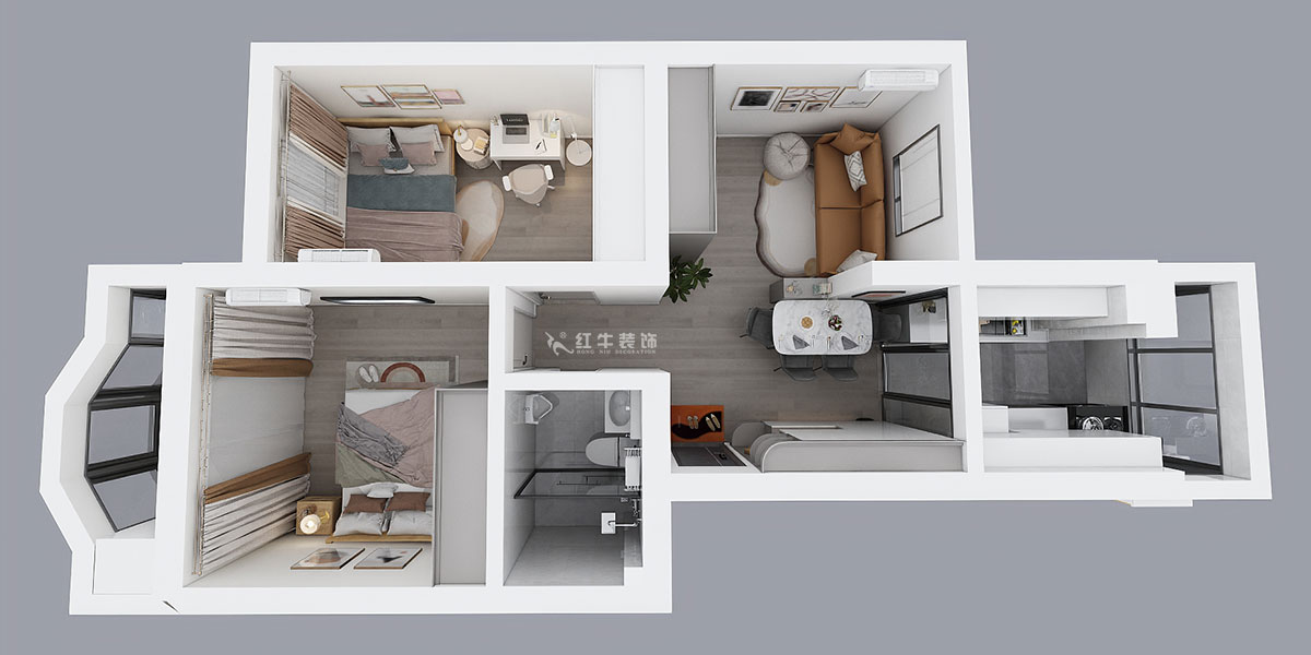 吴波|樱驼花园跃新园3-206-70㎡-现代风格|2室2厅1卫|旧房装修|定制家|全包9万|00_04鸟瞰图