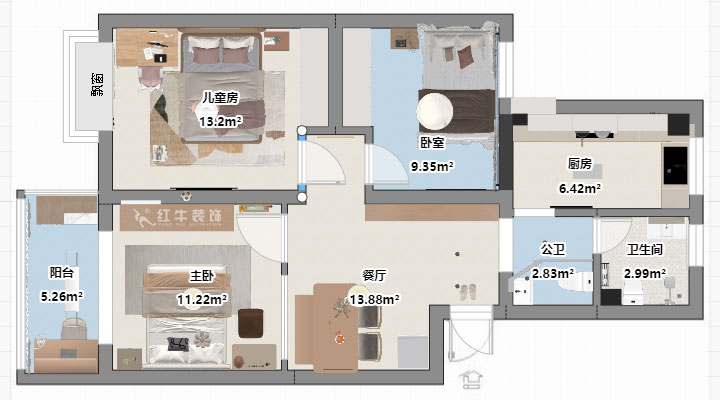 刘晓芳|江南明珠33-3-306-84㎡-奶油风格|3室2厅1卫|老房装修|定制家|全包10