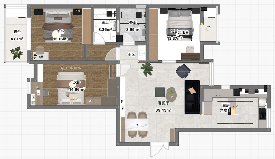 刘萍萍|正泰大厦2-1506-120㎡-现代简约风格|3室2厅1卫|老房装修|定制家|全包18