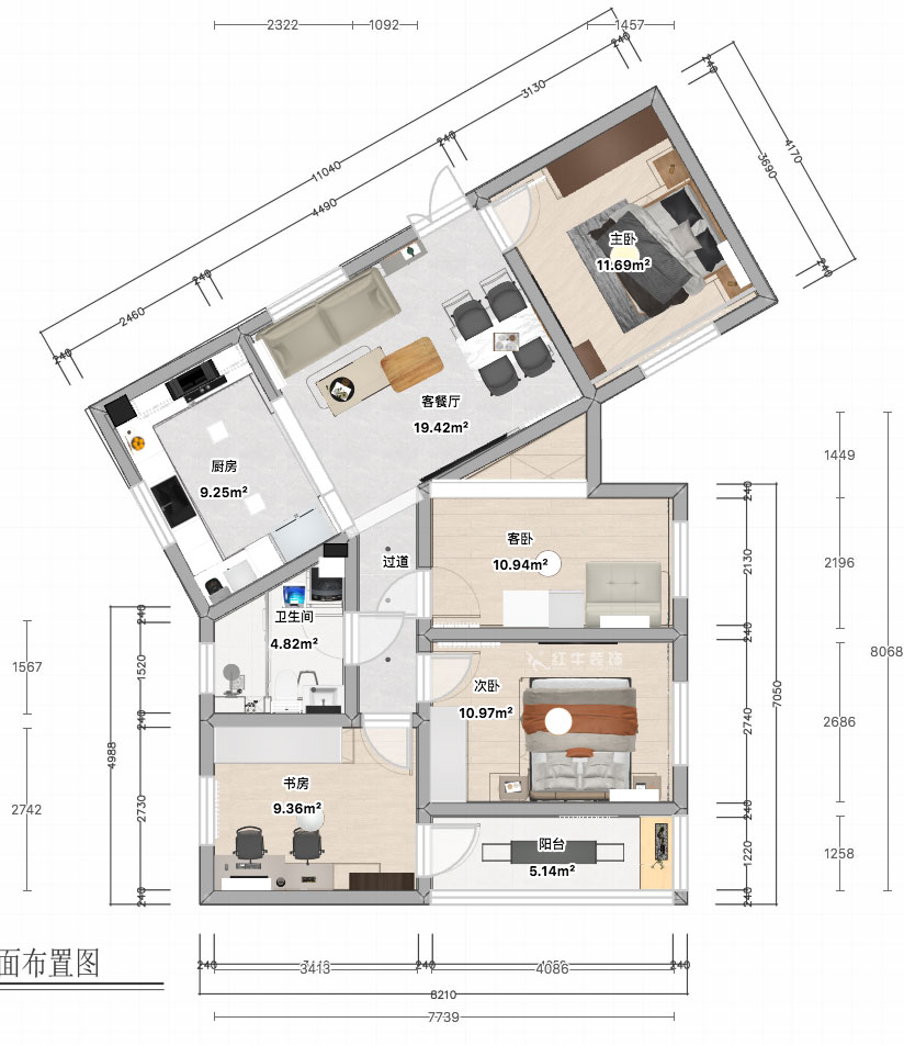 张智猿|长营村145号1-306-100㎡-现代简约风格|4室1厅1卫|老房装修|定制家|全包15万|00_04平面彩图