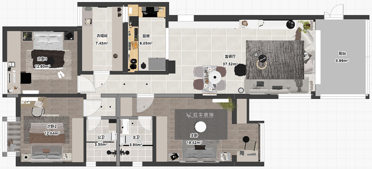 蒋琛|尚东花园39-210-140㎡-现代简约风格|4室2厅2卫|新房装修|定制家|全包17万|00_03平面彩图