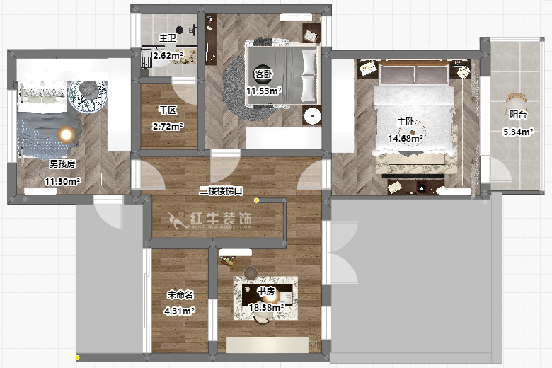 吴波|翠屏国际香樟苑-7-404-124㎡-现代风格|3室2厅2卫|二手房装修|定制家|全包17万|00_06二楼平面彩图