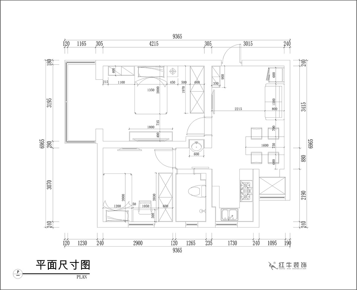 张桐玮|腾飞园7-104-58㎡-现代简约风格|2室1厅1卫|旧房改造|定制家¥65000|全包10万|00_03平面尺寸图