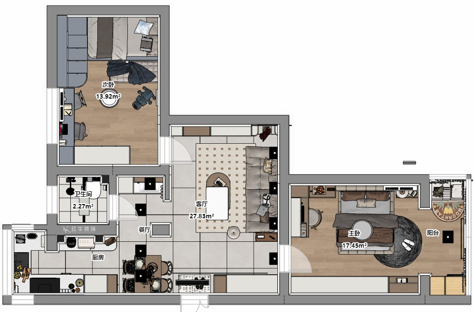 顾娟|大树根32-703-70㎡-现代简约风格|2室2厅1卫|旧房装修|定制家|全包11万|00_04平面彩图