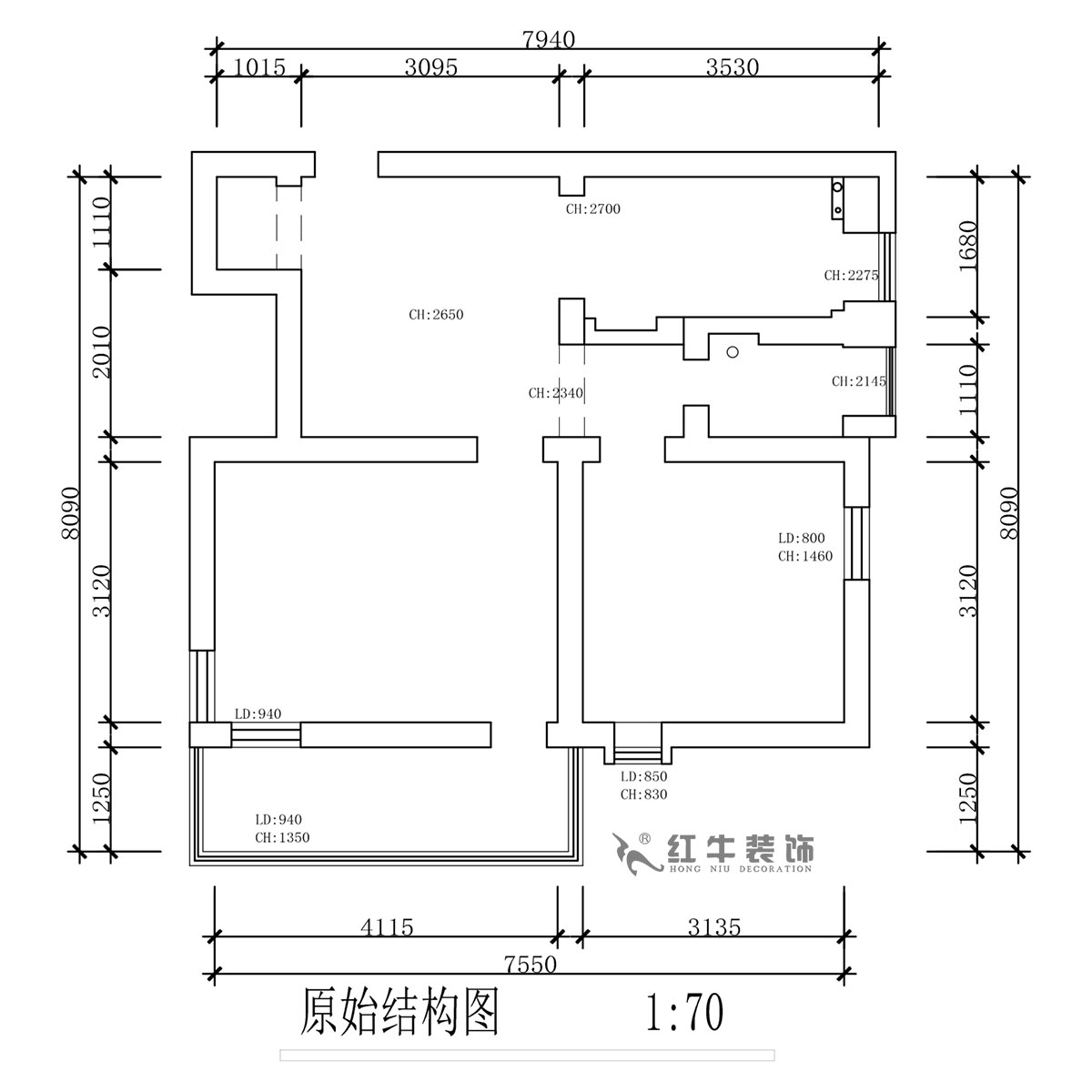 蒋琛|公园路44号小区3-204-60㎡-现代简约风格|2室1厅1卫|旧房装修|定制家|全包10万|00_01原始结构图