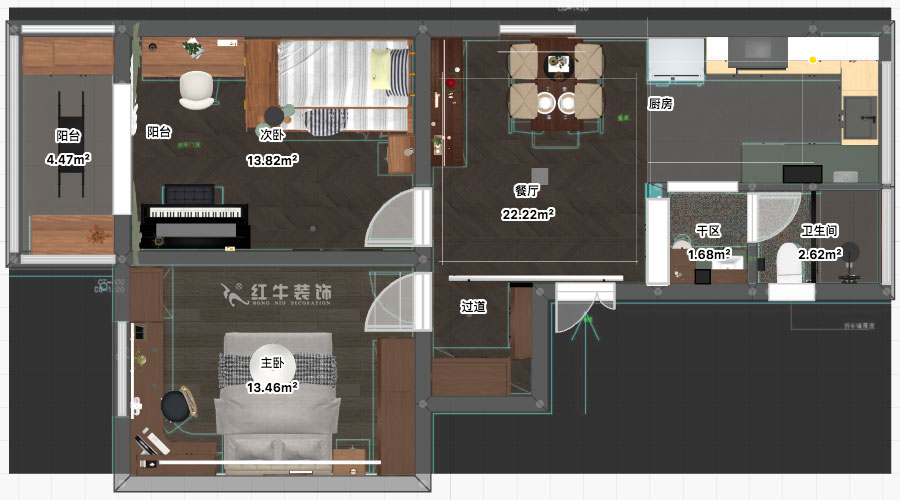 孟宪涛|宁夏路18号3-204-70㎡-现代风格|2室2厅1卫|老房装修|定制家|全包12万|00_03平面彩图