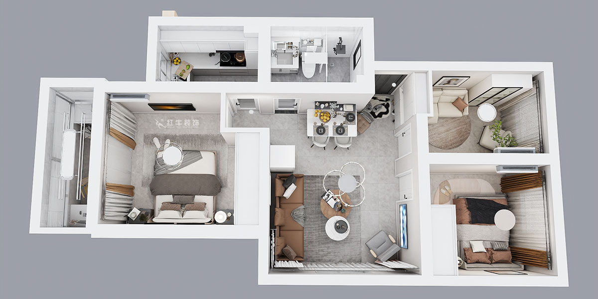刘萍萍|秦虹小区莺虹苑12-56-701-78㎡-简欧风格|3室2厅1卫|老房装修|定制家|全包12万|00_05鸟瞰图