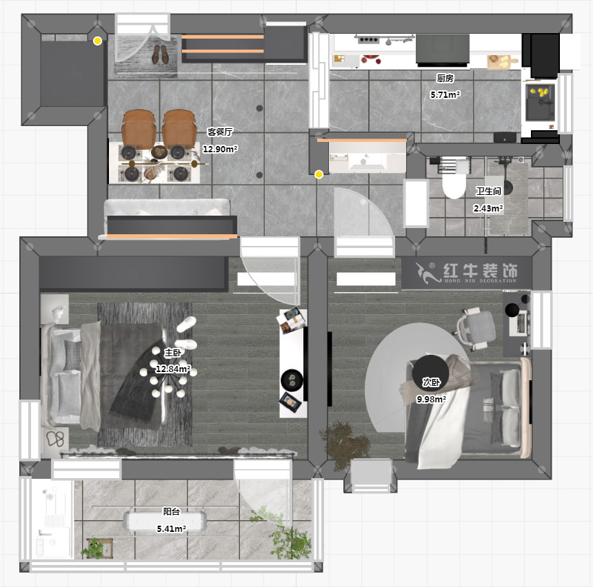 蒋琛|公园路44号小区3-204-60㎡-现代简约风格|2室1厅1卫|旧房装修|定制家|全包10万|00_03平面彩图
